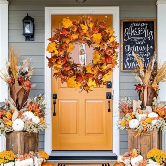 New 28 Inch Fall Wreath for Front Door Outside Large Artificial Autumn Wreath - Picture 2 of 7